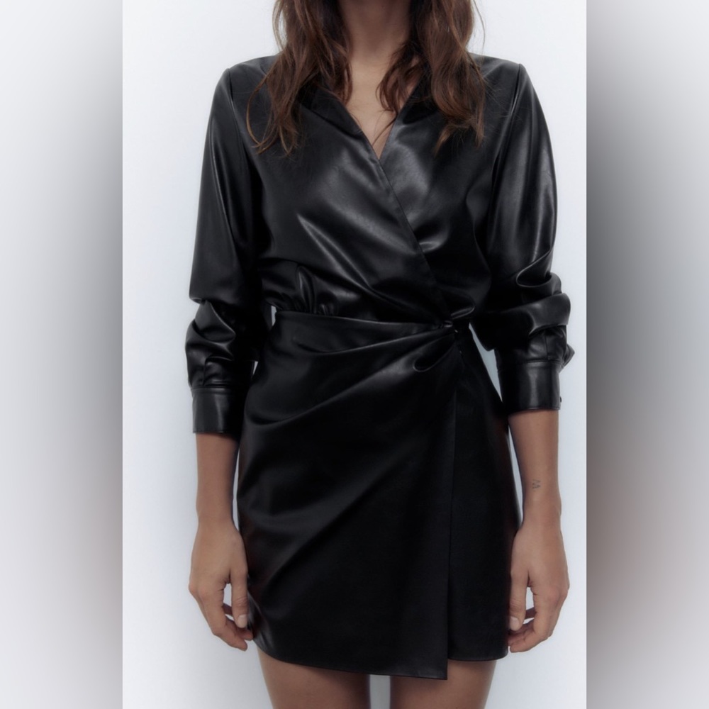 Zara NWT Faux Leather Ruched Shirtdress